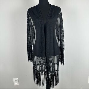 Black Lace Sheer Fringe Kimono Top Sz Small Open Front Beach Cover Up Festival